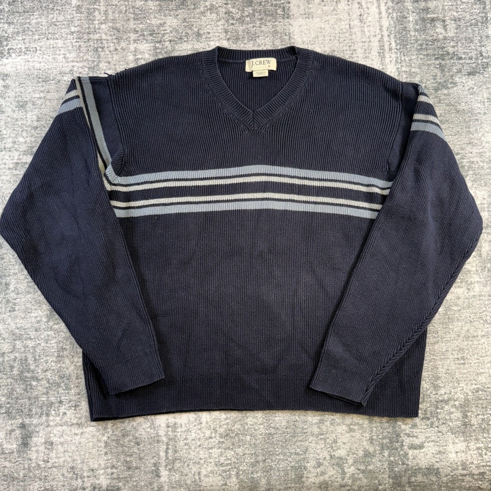 Y2K VTG J Crew Sweater Mens XL Navy Blue Stripes Ribbed Knit V-Neck Preppy Ivy